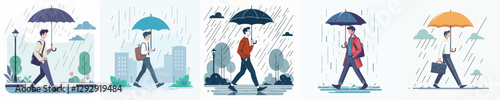 Vector of a young man walking with an umbrella.