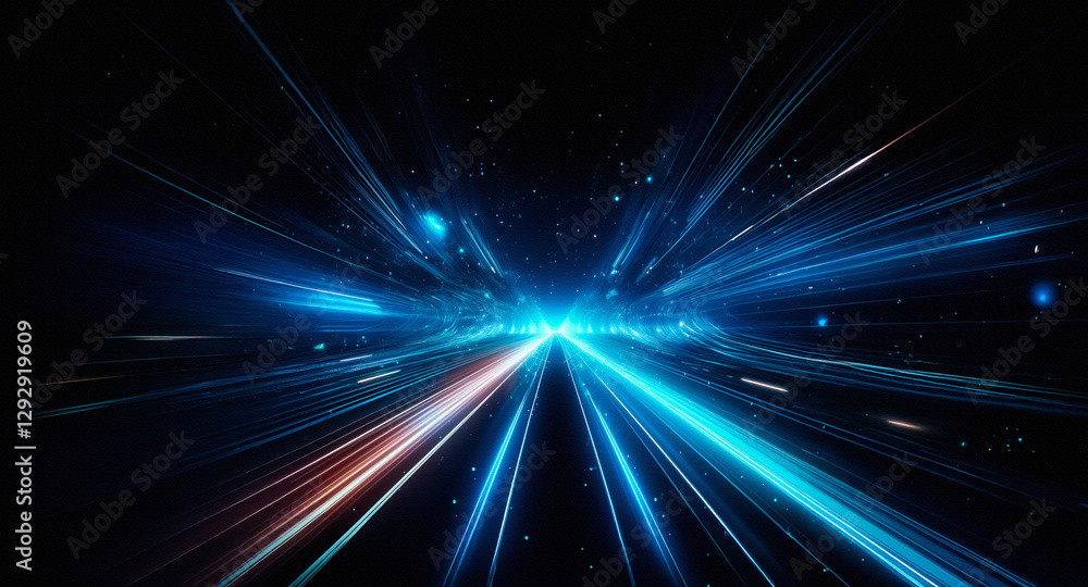 Naklejka premium An abstract composition featuring vibrant blue and orange light streaks emanating from a central point on a dark backdrop, suggesting rapid speed and technological advancement.