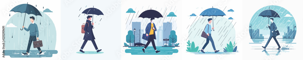 Vector of a young man walking with an umbrella. Vector of a young man walking with an umbrella.