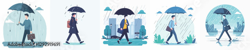 Vector of a young man walking with an umbrella.