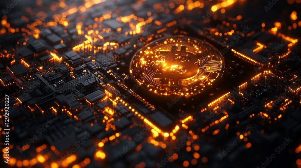 Glowing Bitcoin on Circuit Board Cryptocurrency Technology Concept Glowing Bitcoin on Circuit Board Cryptocurrency Technology Concept