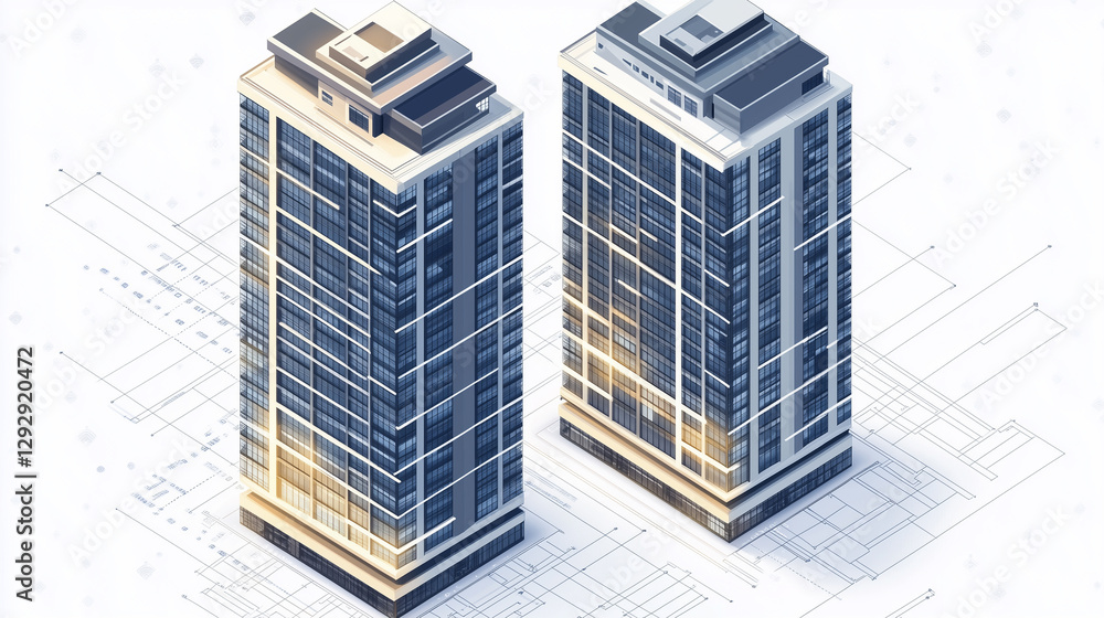 A futuristic yet realistic isometric visualization of two high-rise apartment buildings, designed with modern architecture in mind A futuristic yet realistic isometric visualization of two high-rise apartment buildings, designed with modern architecture in mind
