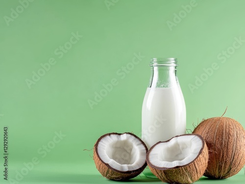 Tropical coconut milk in a transparent glass bottle, arranged with coconut halves, highlighted against a soft pastel green background for a fresh, organic feel photo