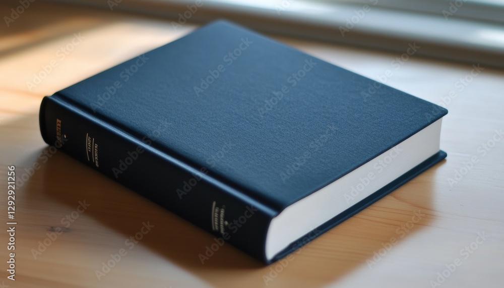 Minimalist navy hardcover book with paper notes on a wooden table in natural light Minimalist navy hardcover book with paper notes on a wooden table in natural light