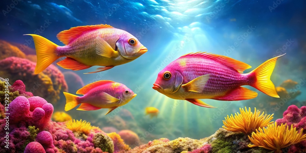 Fototapeta premium Vibrant Reef Fish Trio Swimming in Sunlit Coral Garden
