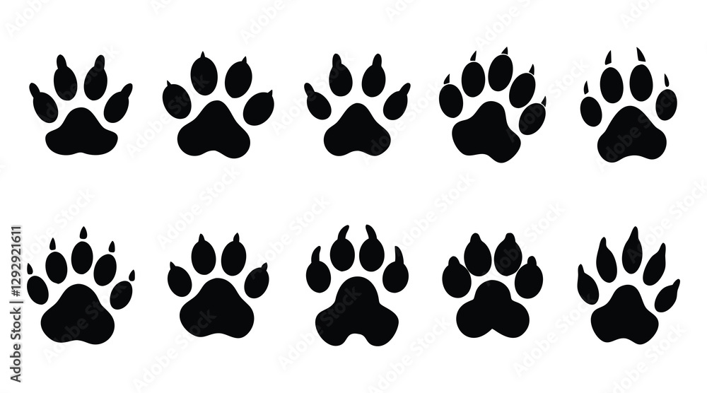 Fototapeta premium Animal Paw Print Silhouettes – Dog, Cat, Bear, Wolf Footprint Vector Icons