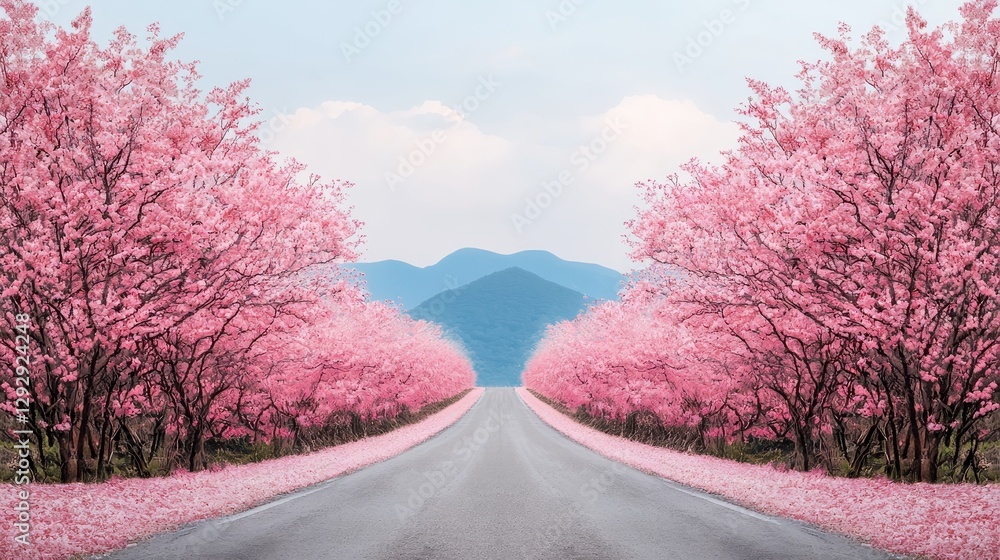 Serene Road with Blossom Trees Surrounding a Peaceful Mountain Landscape in Springtime Beauty Serene Road with Blossom Trees Surrounding a Peaceful Mountain Landscape in Springtime Beauty