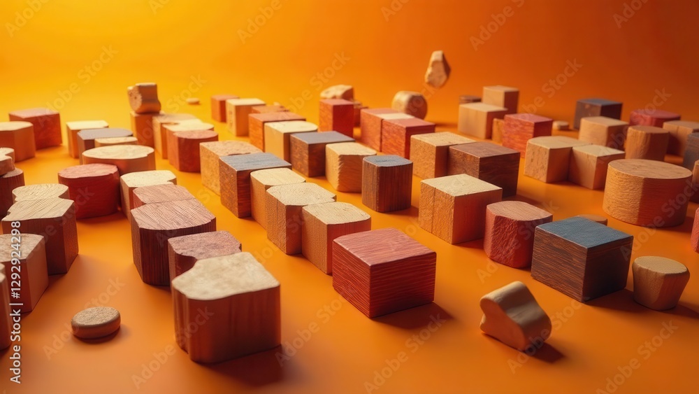 Fototapeta premium Wooden Blocks Arranged in Abstract Rows and Columns on an Orange Surface