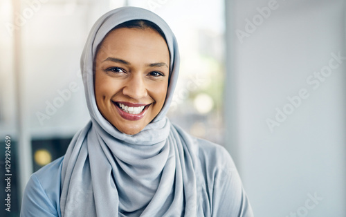 Canvas Print Office, hijab and business woman in portrait for Islamic company, professional career or inclusion