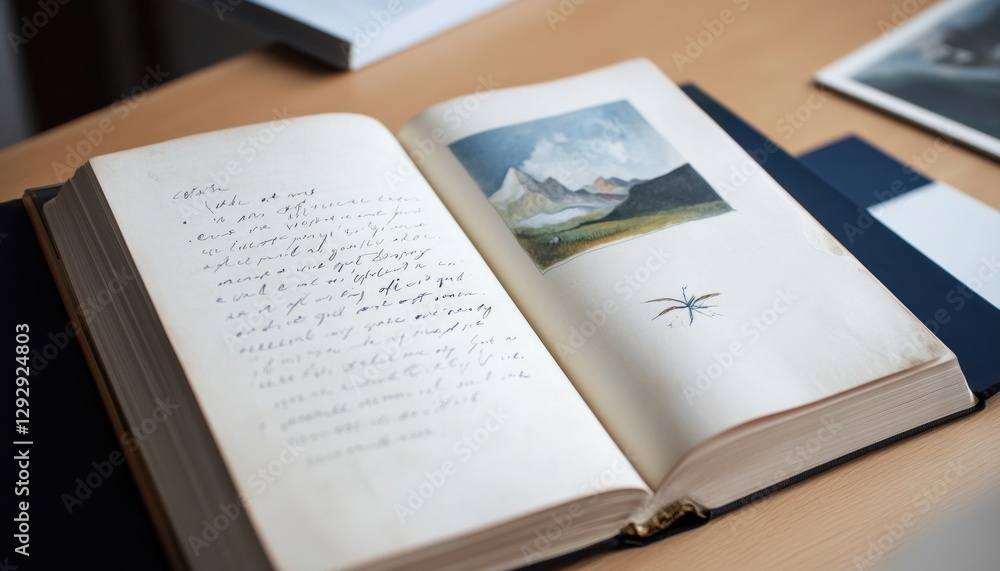 Fototapeta premium Handwritten notes on paper scenic views in open book creative space artistic expression nature inspiration