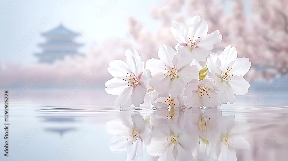 Cherry blossoms reflecting, tranquil temple backdrop Cherry blossoms reflecting, tranquil temple backdrop