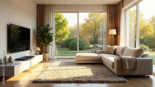 Modern Living Room Design with Floor-to-Ceiling Windows Showcasing a Serene Garden View
