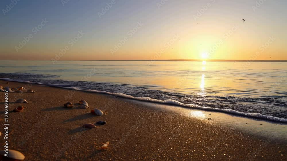 A breathtaking time-lapse of a scenic beach sunrise, with gentle waves washing over the shore, seashells scattered on the sand, and a peaceful ocean horizon A breathtaking time-lapse of a scenic beach sunrise, with gentle waves washing over the shore, seashells scattered on the sand, and a peaceful ocean horizon