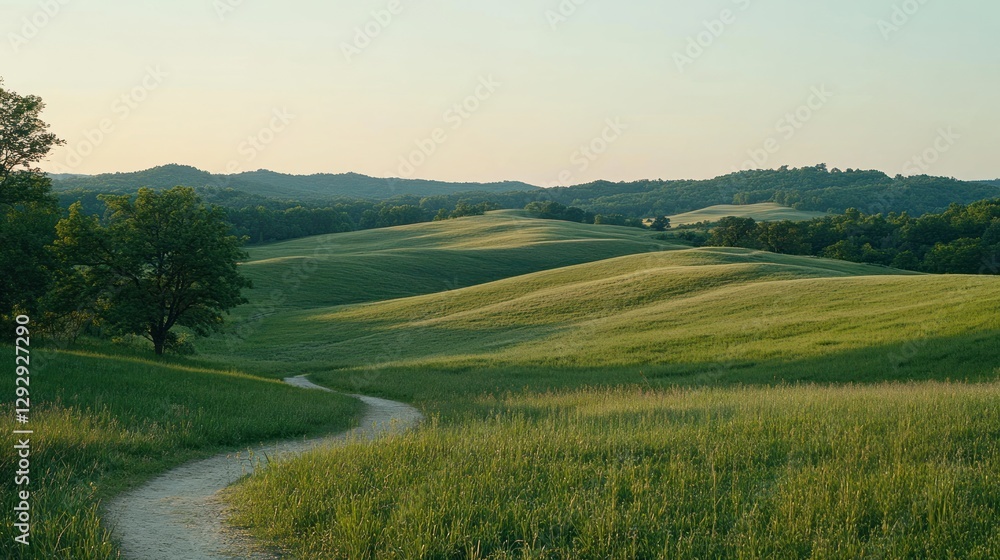 Fototapeta premium Serene sunset path winding through rolling hills meadow