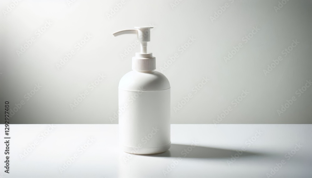White plastic pump bottle on white surface with soft light and shadow. Blank container for liquid soap, lotion, or sanitizer. Mockup design White plastic pump bottle on white surface with soft light and shadow. Blank container for liquid soap, lotion, or sanitizer. Mockup design