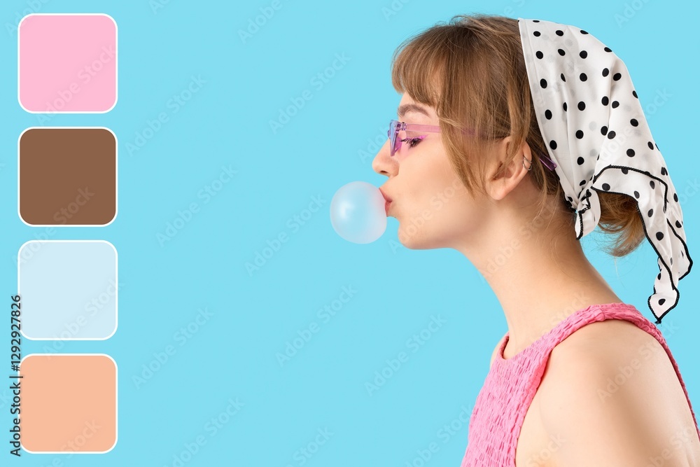 Beautiful woman with chewing gum on blue background. Different color patterns Beautiful woman with chewing gum on blue background. Different color patterns