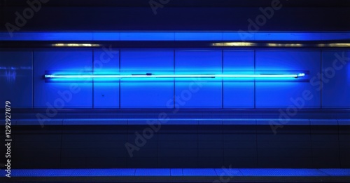 Neon sign metro line underground train approaching subway station glowing electric blue bright colorful realistic photo