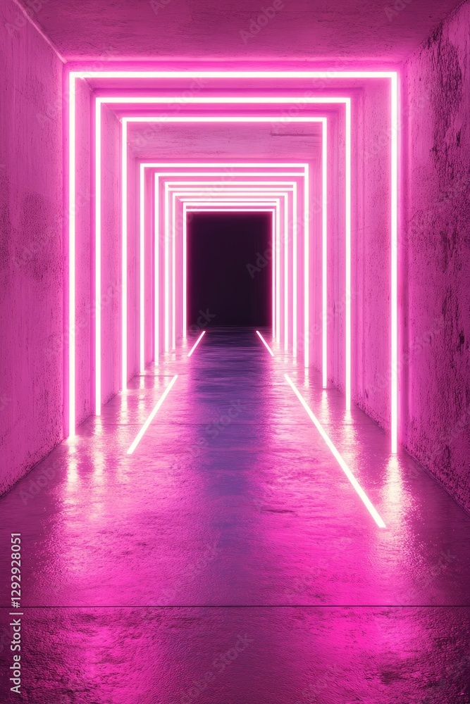 Neon Pink Tunnel Corridor, Empty, Futuristic Neon Pink Tunnel Corridor, Empty, Futuristic