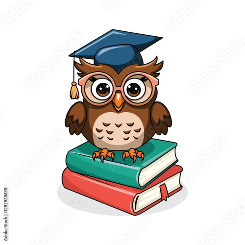 A cute cartoon-style owl sitting on top of two stacked books. The owl has big