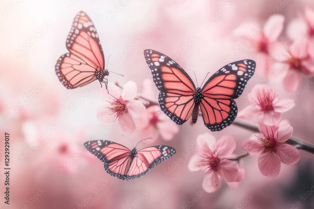 A group of butterflies swarming around a blooming cherry blossom tree under a soft pink sky A group of butterflies swarming around a blooming cherry blossom tree under a soft pink sky