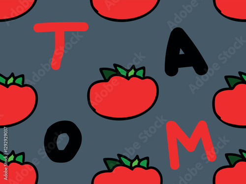 Red tomato drawing and letters, seamless vector pattern for design and decoration. 