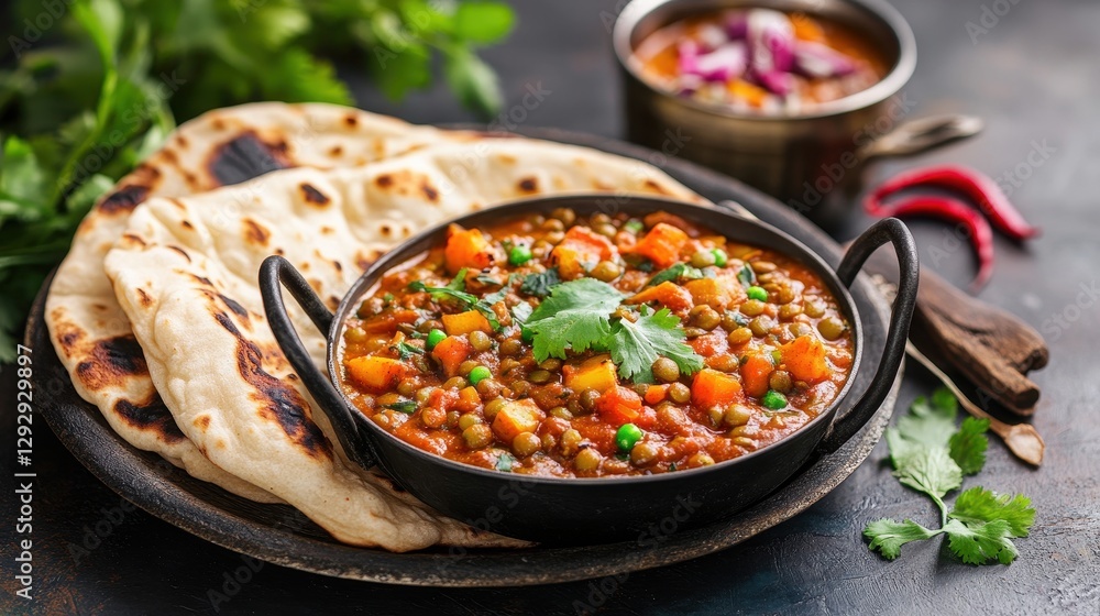 Delicious Lentil Curry with Fresh Naan and Spices on Dark Background Delicious Lentil Curry with Fresh Naan and Spices on Dark Background