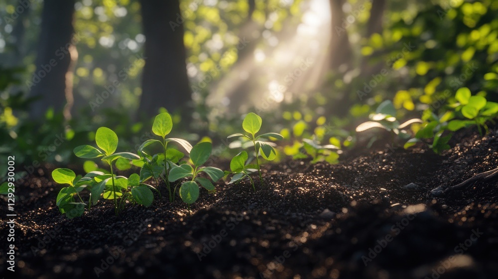 Sunrise forest seedlings sprouting, rich soil, nature growth Sunrise forest seedlings sprouting, rich soil, nature growth