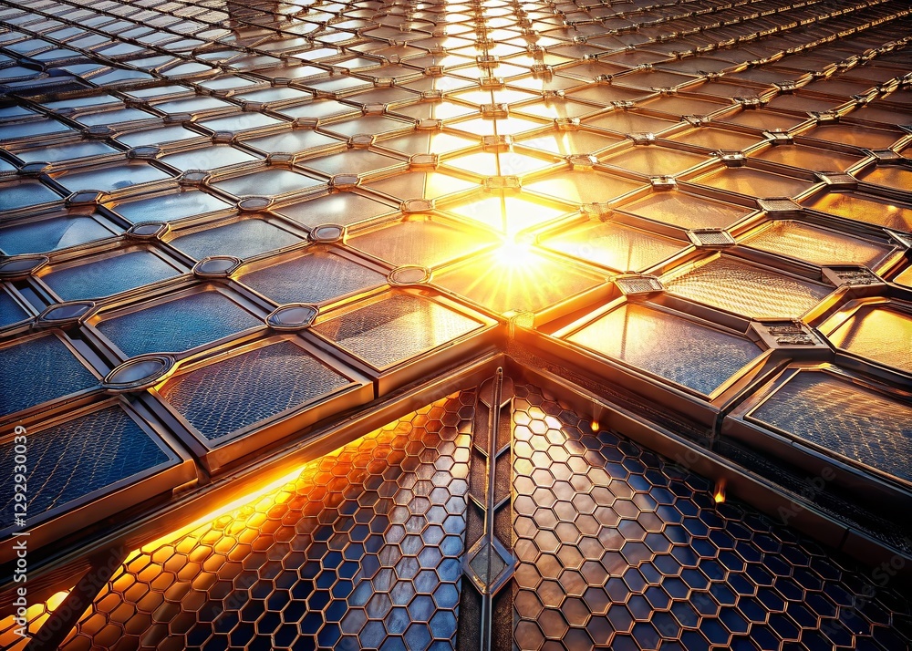 Obraz premium Aerial View of Steel Net Tiles with Dramatic Light Flare Background - Abstract Texture