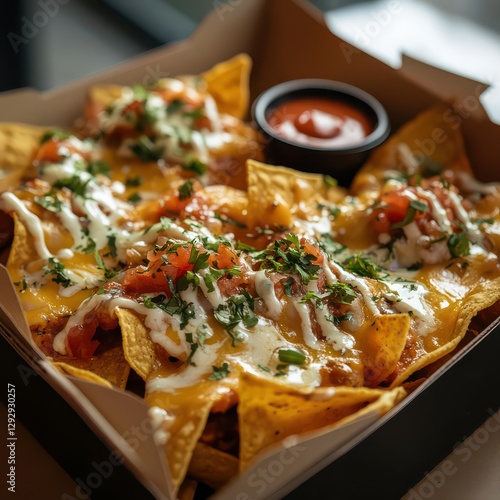 A close-up of a card box of nachos with melted cheese and dipping sauces on a kitchen table.
