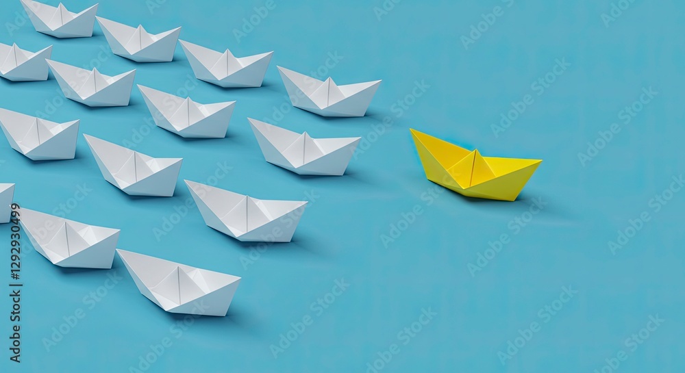 Paper Boats Leadership Concept One Yellow Among White on Blue Background Paper Boats Leadership Concept One Yellow Among White on Blue Background