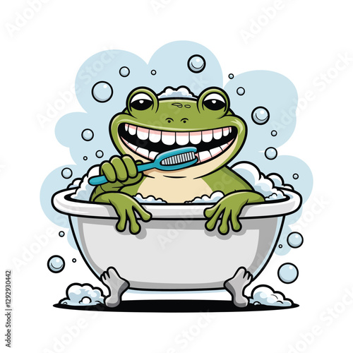 A cheerful cartoon-style frog sitting in a vintage clawfoot bathtub filled with bubbly foam