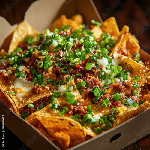 A close-up shot of a card box of nachos with crispy edges, scattered with green onions and cheese.