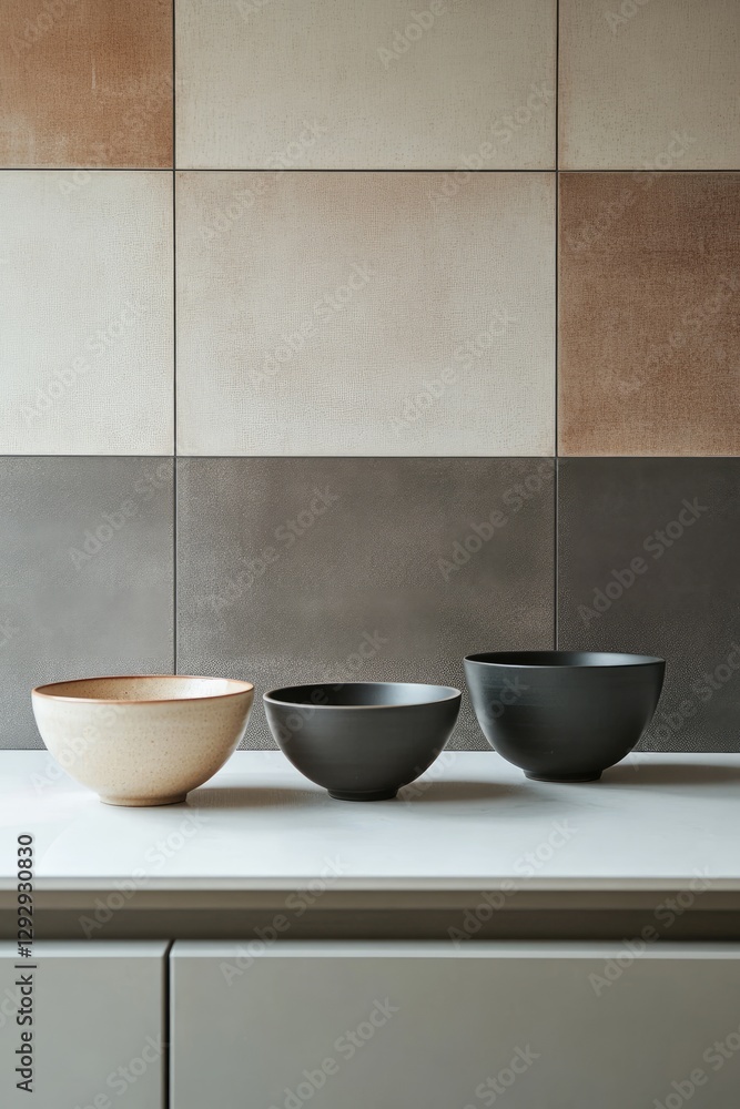 Three ceramic bowls on kitchen counter against tiled wall Three ceramic bowls on kitchen counter against tiled wall