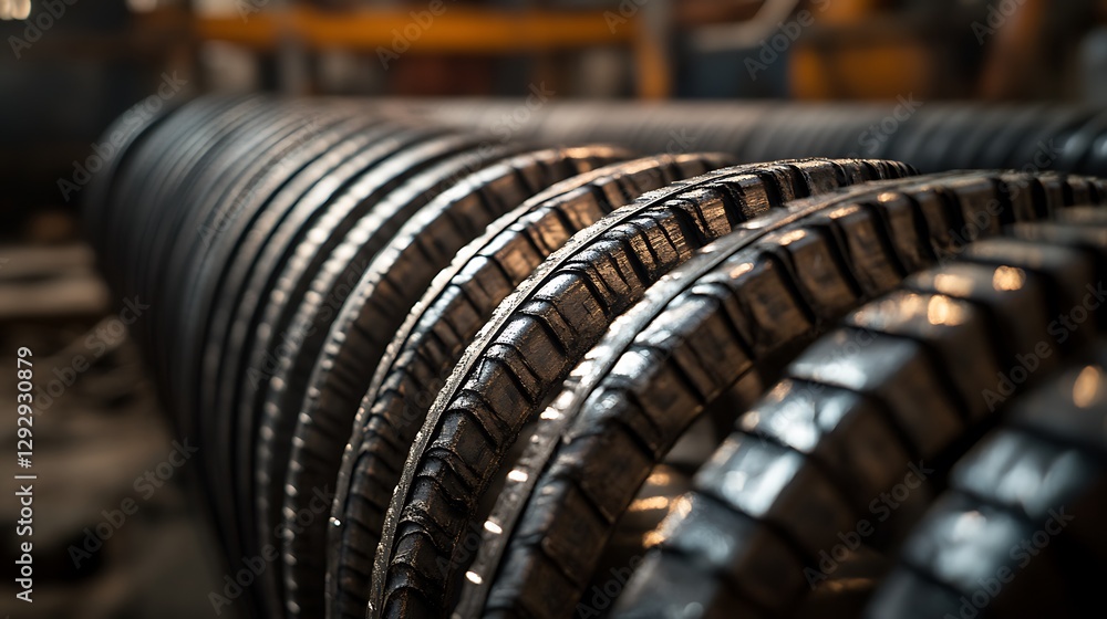 Row of Metal Reinforcing Bars Industrial Steel Construction Material Close