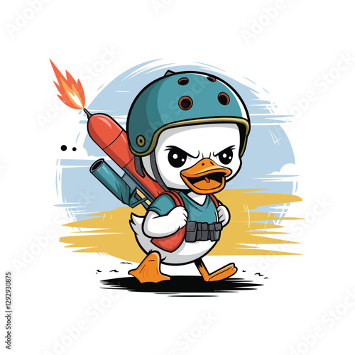 A fierce and determined cartoon duck wearing a tactical vest and a blue combat helmet with ventilation holes.