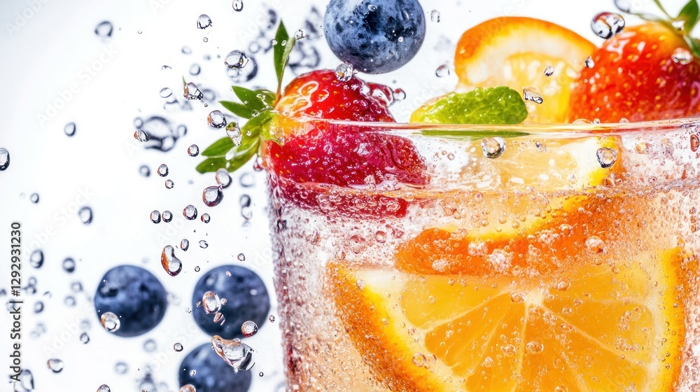 Sparkling fruit drink splash; blueberries, strawberries, oranges; white background; refreshing beverage Sparkling fruit drink splash; blueberries, strawberries, oranges; white background; refreshing beverage