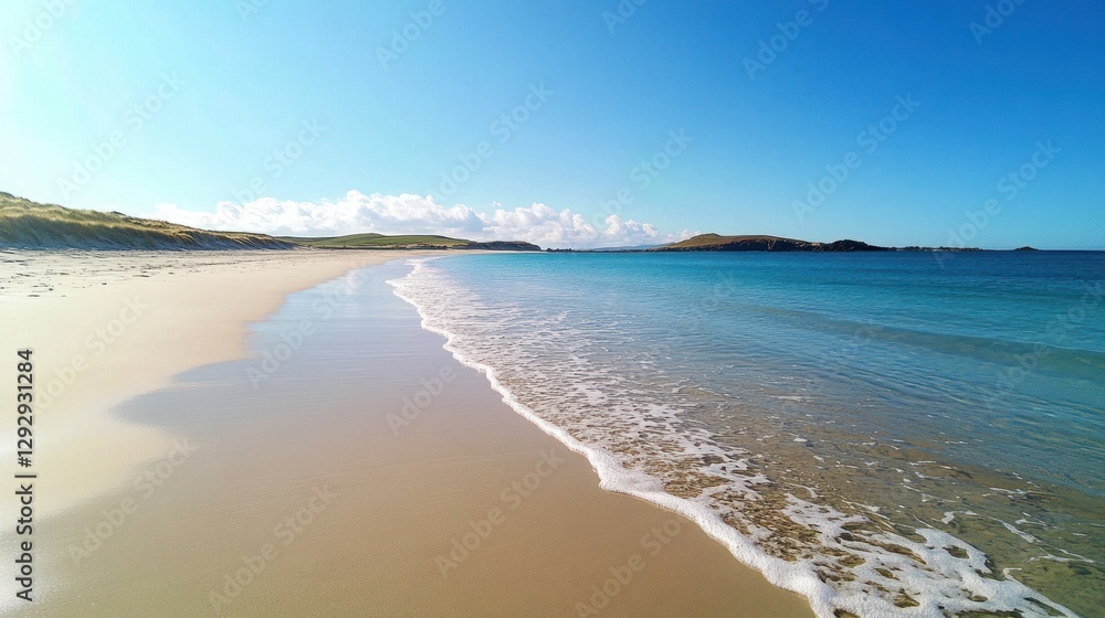 Obraz premium Tranquil beach wave, sunny isle, clear sky, calm ocean, travel