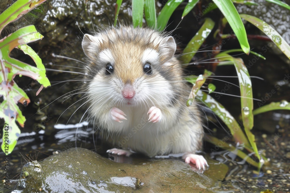 A small, adorable rodent stands on a rock in a wet environment, surrounded by greenery, with its tiny paws raised and an inquisitive expression. A small, adorable rodent stands on a rock in a wet environment, surrounded by greenery, with its tiny paws raised and an inquisitive expression.