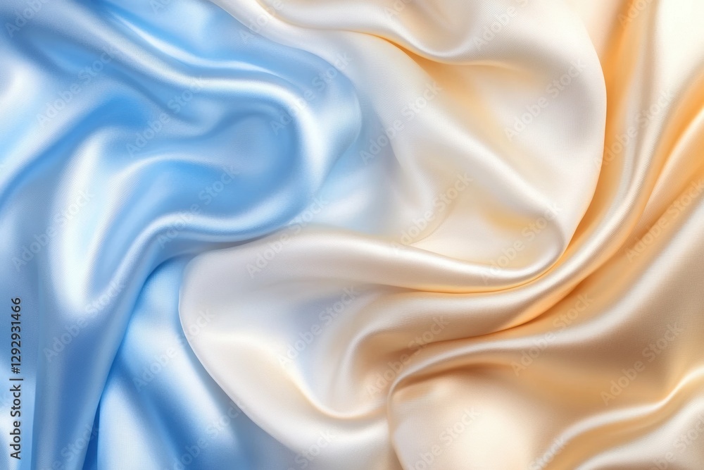 Silky Swirls: An exquisite composition of flowing silk fabrics, delicately draped and interwoven with shades of cream, gold, and azure, epitomizing luxury and softness. Silky Swirls: An exquisite composition of flowing silk fabrics, delicately draped and interwoven with shades of cream, gold, and azure, epitomizing luxury and softness.