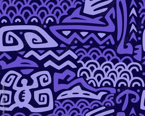Polynesian motifs. Tiki seamless pattern. Aztec textile print.Geometric, vector background. Suitable for printing on fabric and paper, for parties. 