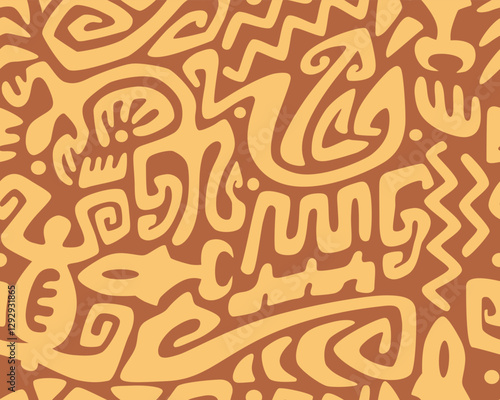 Polynesian motifs. Tiki seamless pattern. Aztec textile print.Geometric, vector background. Suitable for printing on fabric and paper, for parties. 