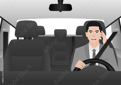 A Man Calling on Phone While Driving a Car. Do Not Use Phone While Driving. Careless and Dangerous Driving Behavior. Vector Illustration. 