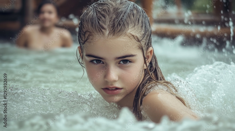 Fototapeta premium Girl playing in water park wave pool, friend in background