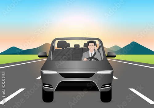 A Man Calling on Phone While Driving a Car. Do Not Use Phone While Driving. Careless and Dangerous Driving Behavior. Vector Illustration. 