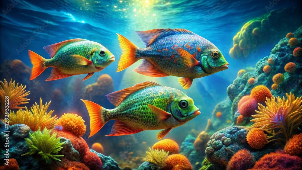 Obraz premium Vibrant Reef Inhabitants Three Jewel-toned Fish Gracefully Swim Amidst a Lush Underwater Garden of Colorful Coral and Sea Anemones