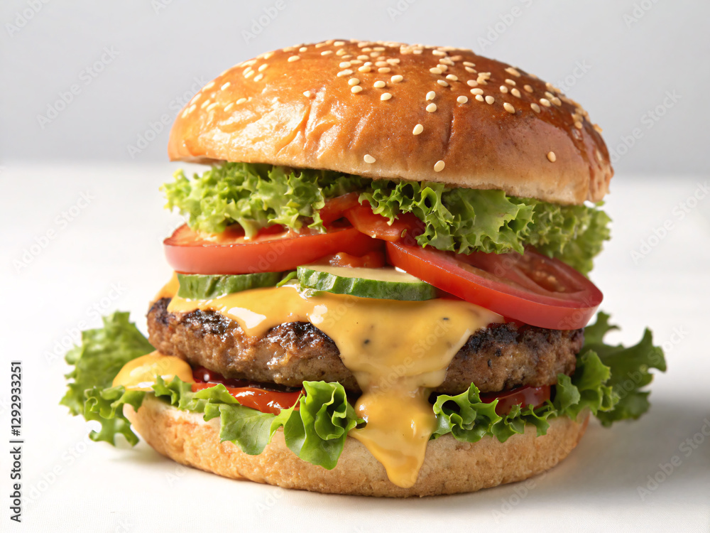 Delicious cheeseburger with fresh lettuce, tomato, cucumber, and melted cheese on a sesame bun Delicious cheeseburger with fresh lettuce, tomato, cucumber, and melted cheese on a sesame bun