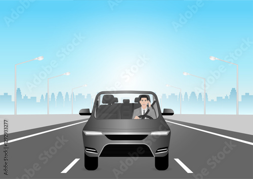 A Man Calling on Phone While Driving a Car. Do Not Use Phone While Driving. Careless and Dangerous Driving Behavior. Vector Illustration. 