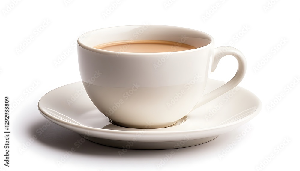 A white cup of tea on a matching white saucer A white cup of tea on a matching white saucer