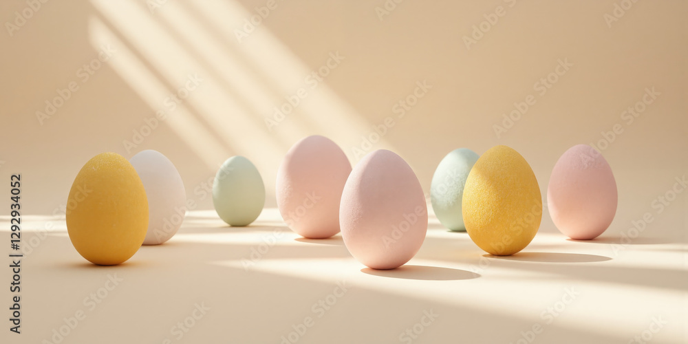 Fototapeta premium Easter eggs painted in muted pastels rest atop a smooth beige gradient, their organic shapes framed by shallow depth