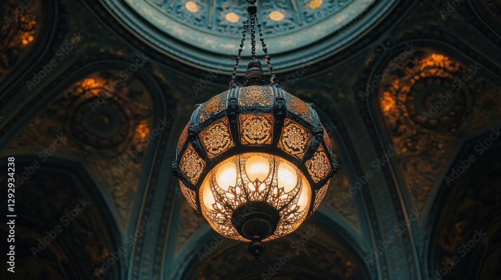 Obraz premium Ornate chandelier illuminates grand hall's ornate ceiling